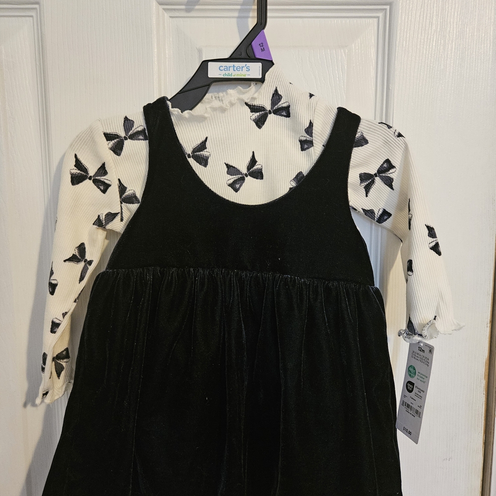 Carter's Black Velvet Dress with White Bow Top